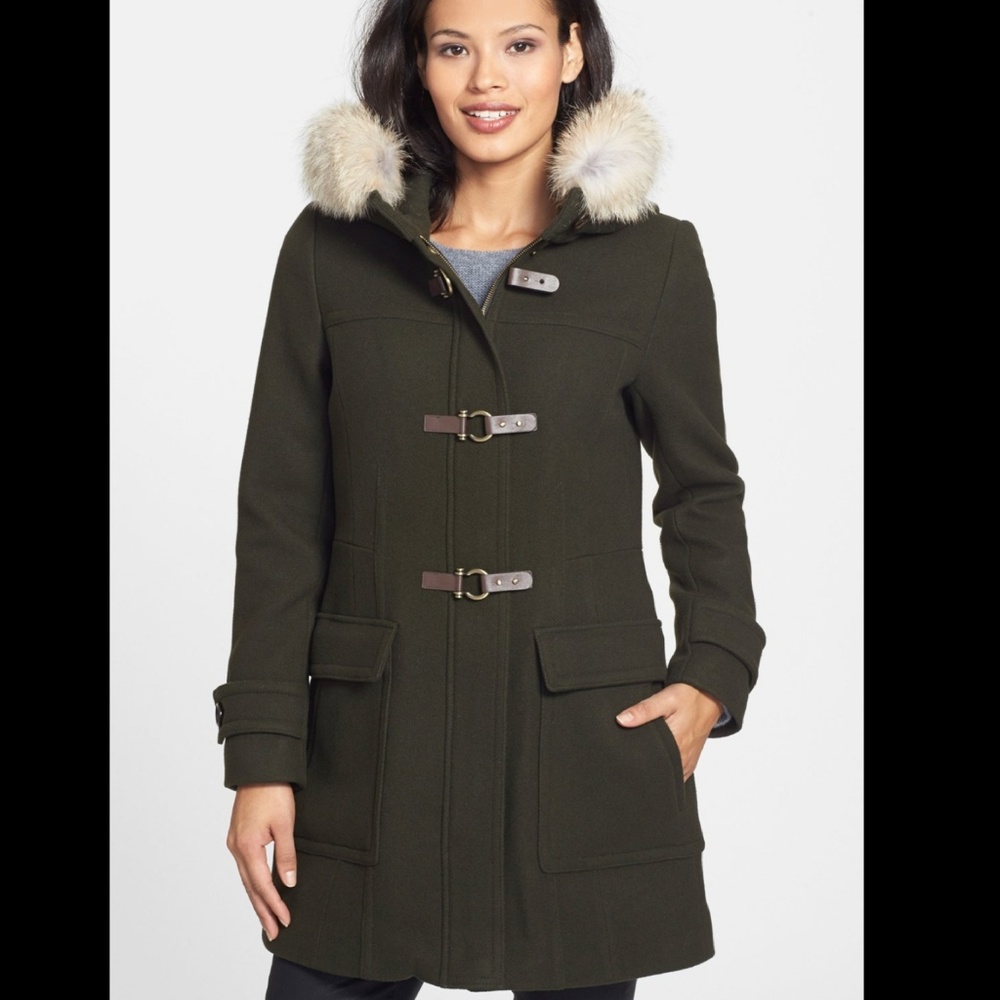 NWT Trina Turk Coyote Trim Fur Duffle Coat